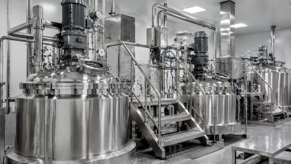 Stainless process vessels and hygienic piping in a food equipment setting