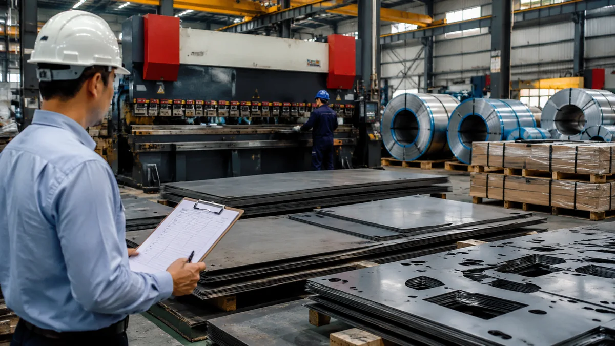 Steel fabrication workshop checking sheet material before bending and cutting